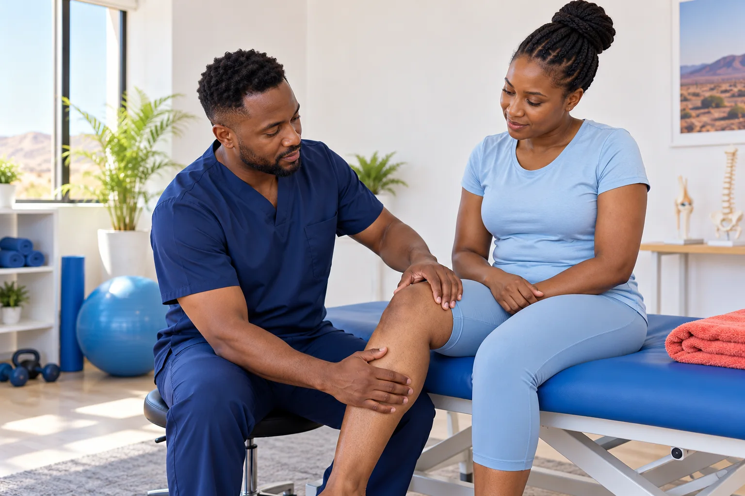 Physiotherapist assessing a patient's knee