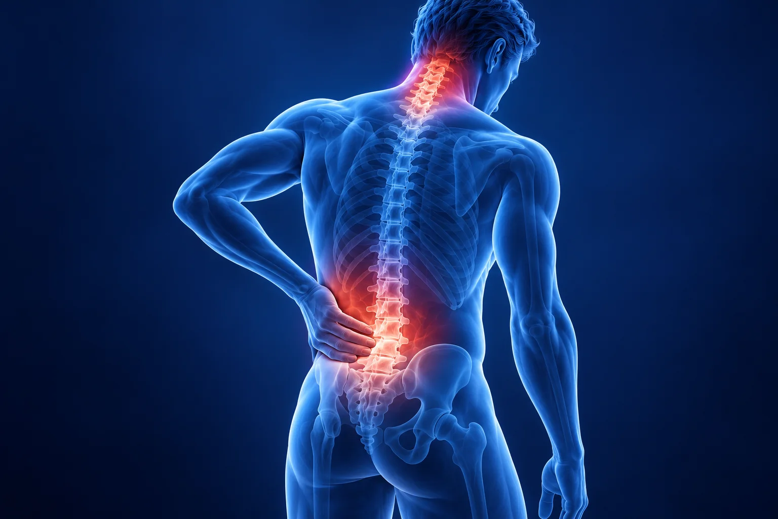 Anatomical illustration of the spine highlighting the neck and lower back