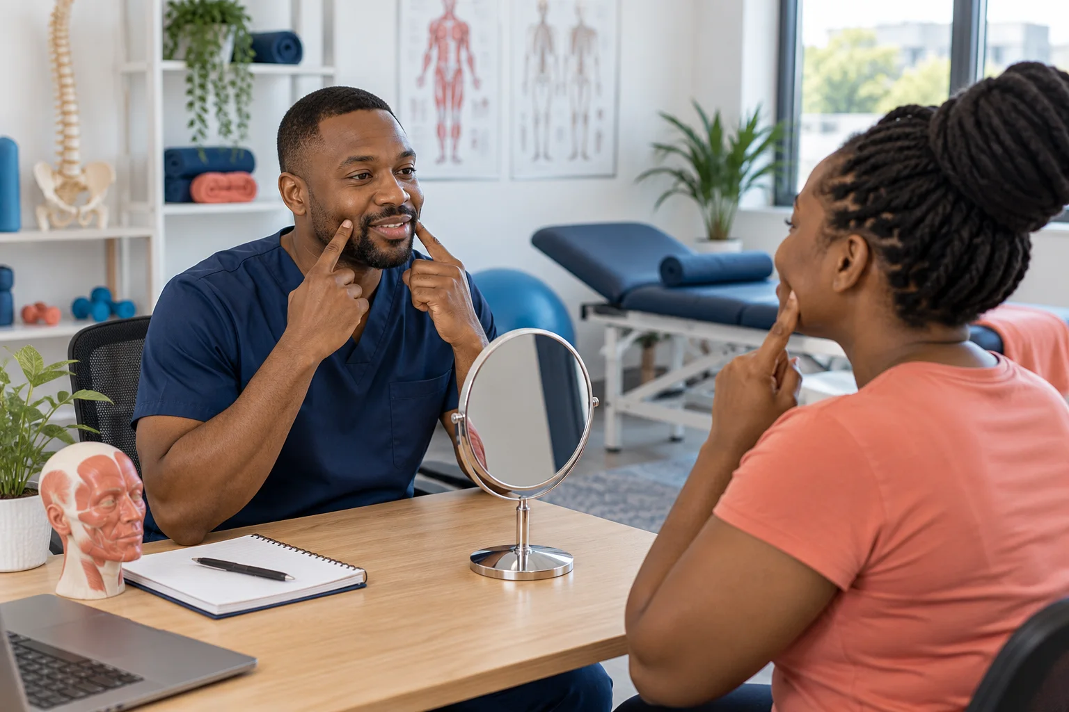 Physiotherapist guiding a facial movement exercise